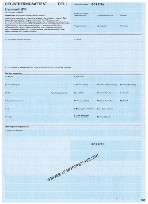 Download Denmark vehicle registration certificate Photoshop template